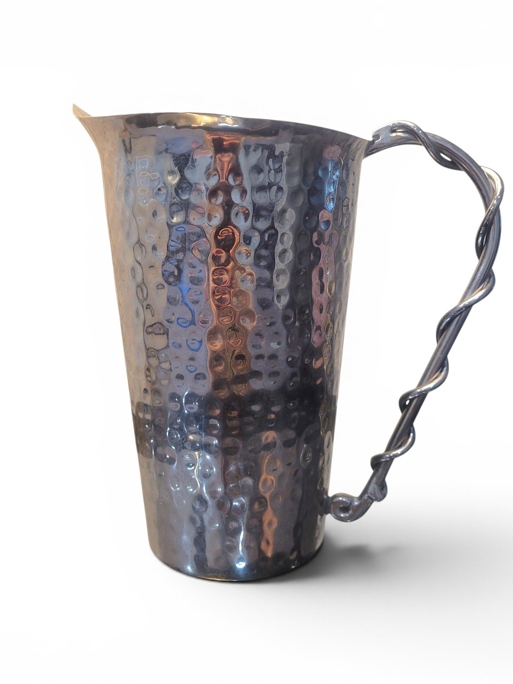 Hammered Metal Pitcher With Twisted Handke, Silver Color